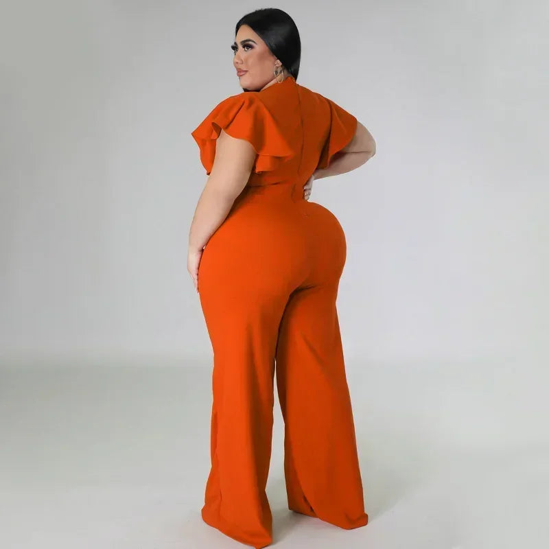 FZ Women's Plus Size V-neck Ruffles Sleeve High Waist Wide Leg Straight Jumpsuit