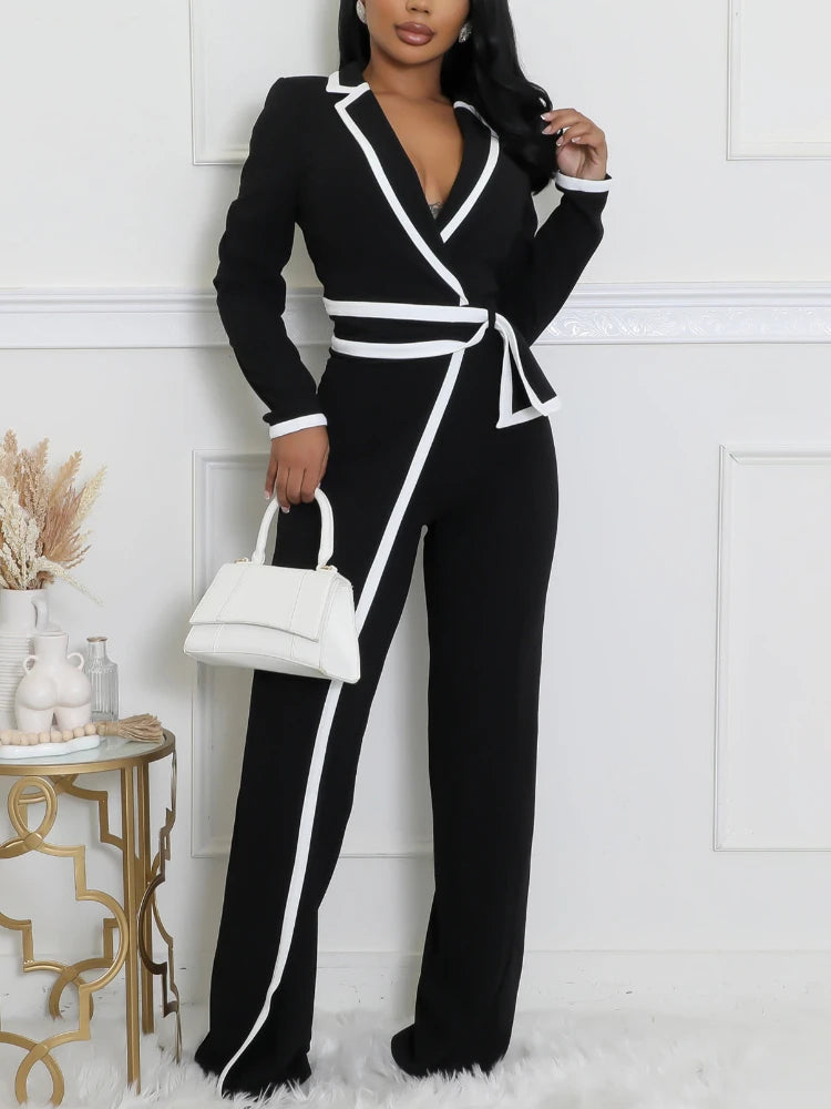 FZ Women's V Neck Turn Down Collar Long Sleeves Straight Jumpsuit