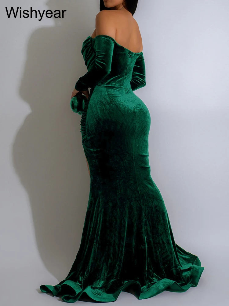 FZ Women's Velvet Off Shoulder Long Sleeve Ruched Split Mermaid Evening Dress