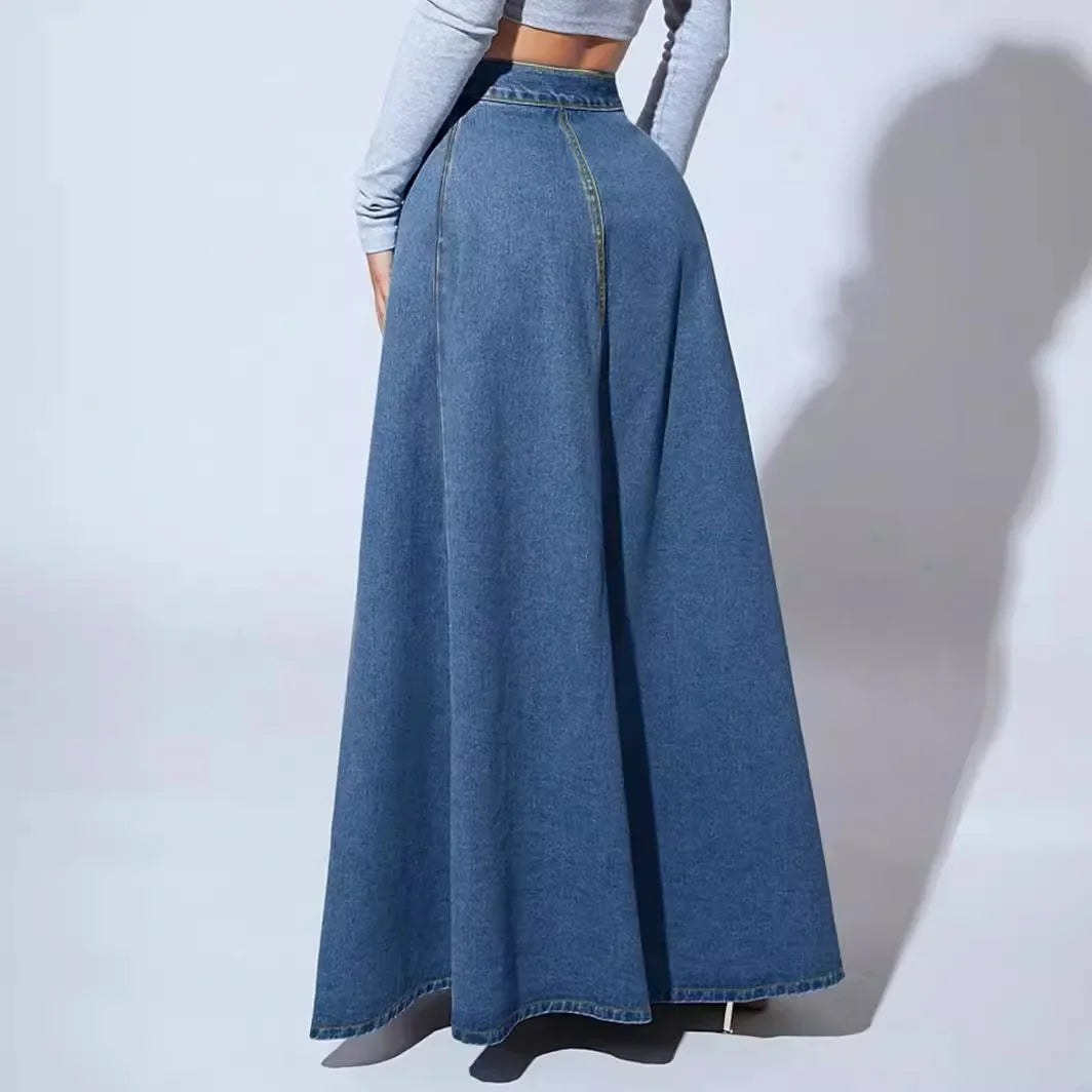 FZ Women's A Line High Waist Vintage Maxi Splice Y2k Streetwear Denim Skirt
