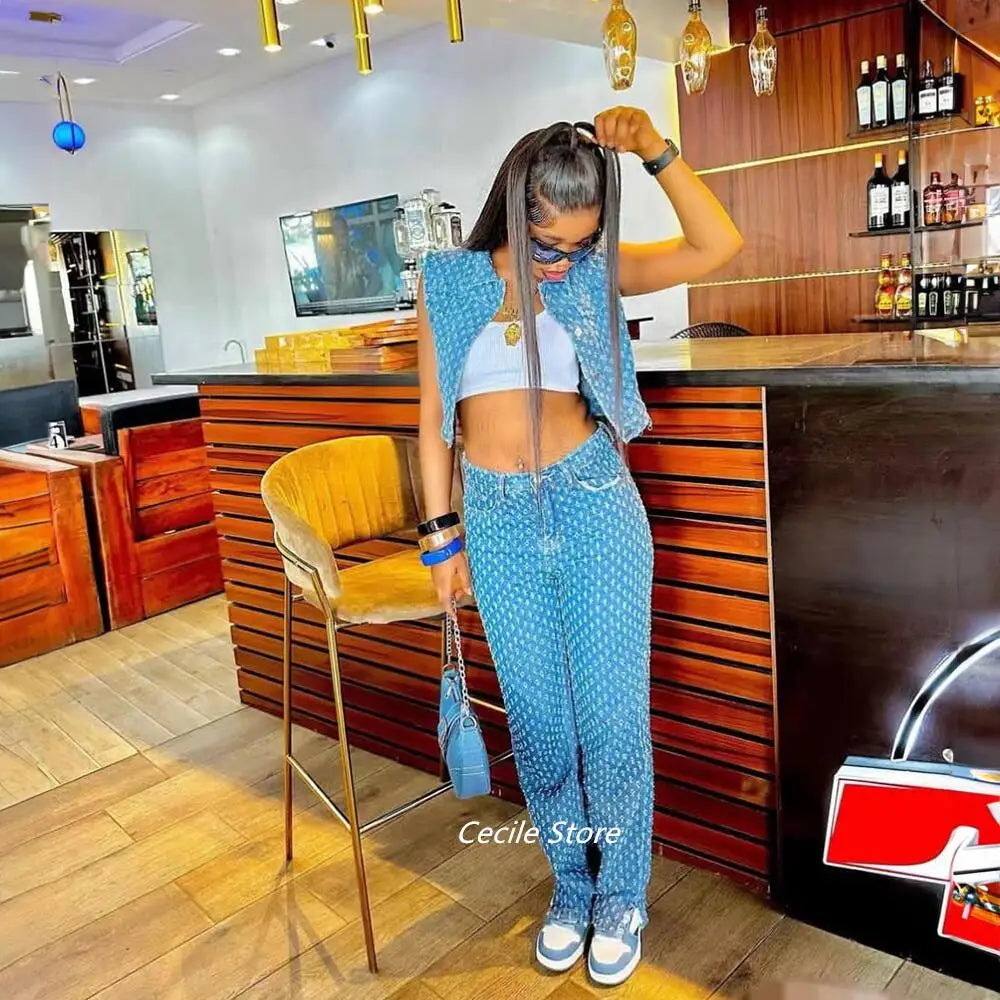 FZ Women's African Ripped Three-piece Wide Leg Slit Denim Pants Suit