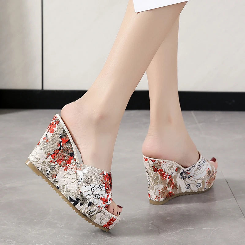 FZ Women's Casual Flip Flops Vintage Floral Print Peep Toe Wedge Shoes