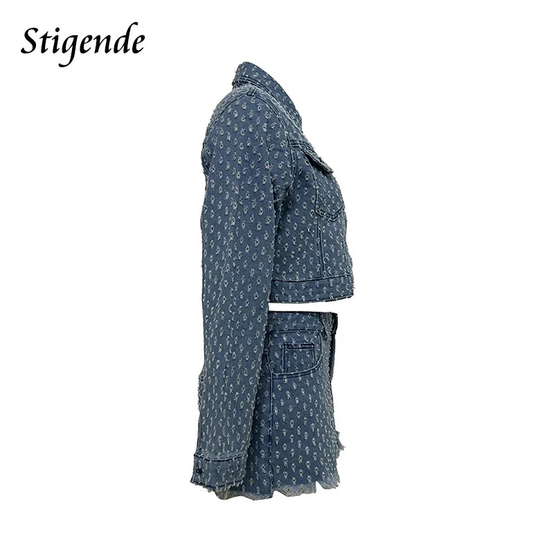 FZ Women's Sexy Hole Ripped two Piece Denim Shorts Suit - FZwear