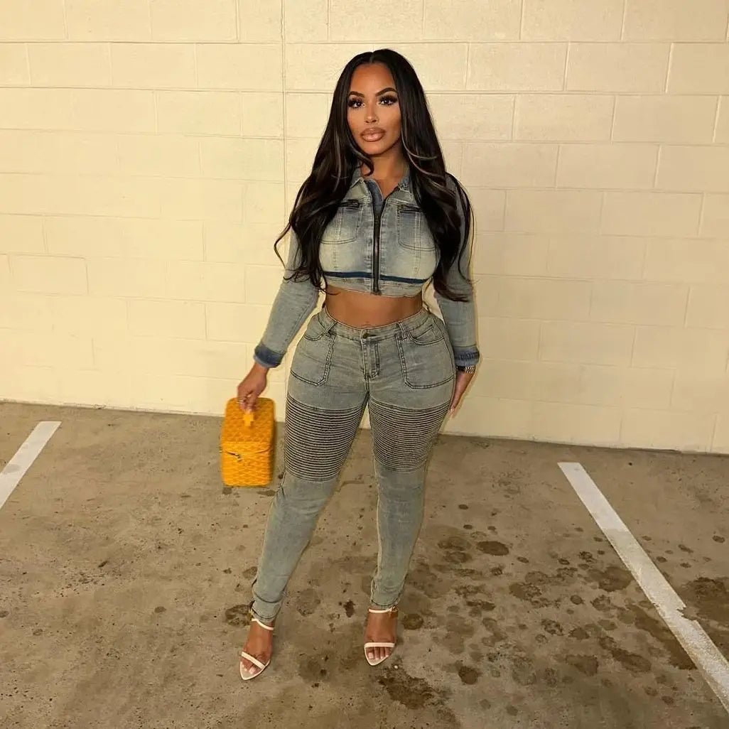 FZ Women's Y2K Streetwear Pencil Two Piece Denim Pants Suit
