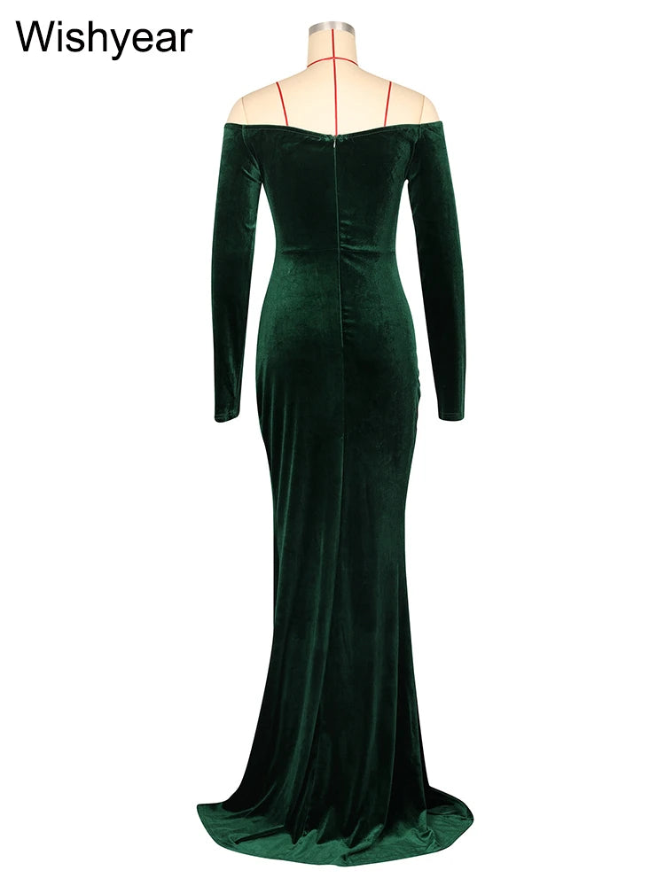 FZ Women's Velvet Off Shoulder Long Sleeve Ruched Split Mermaid Evening Dress