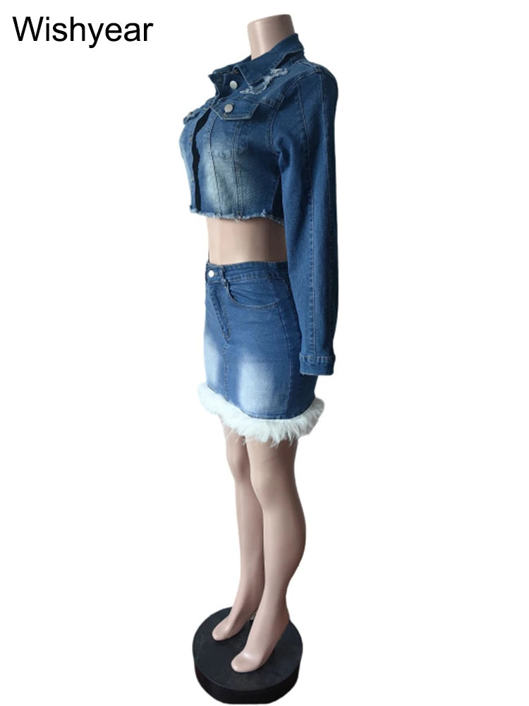 FZ Women's Stretch Feather Patchwork 2 Piece Denim Skirt Suit