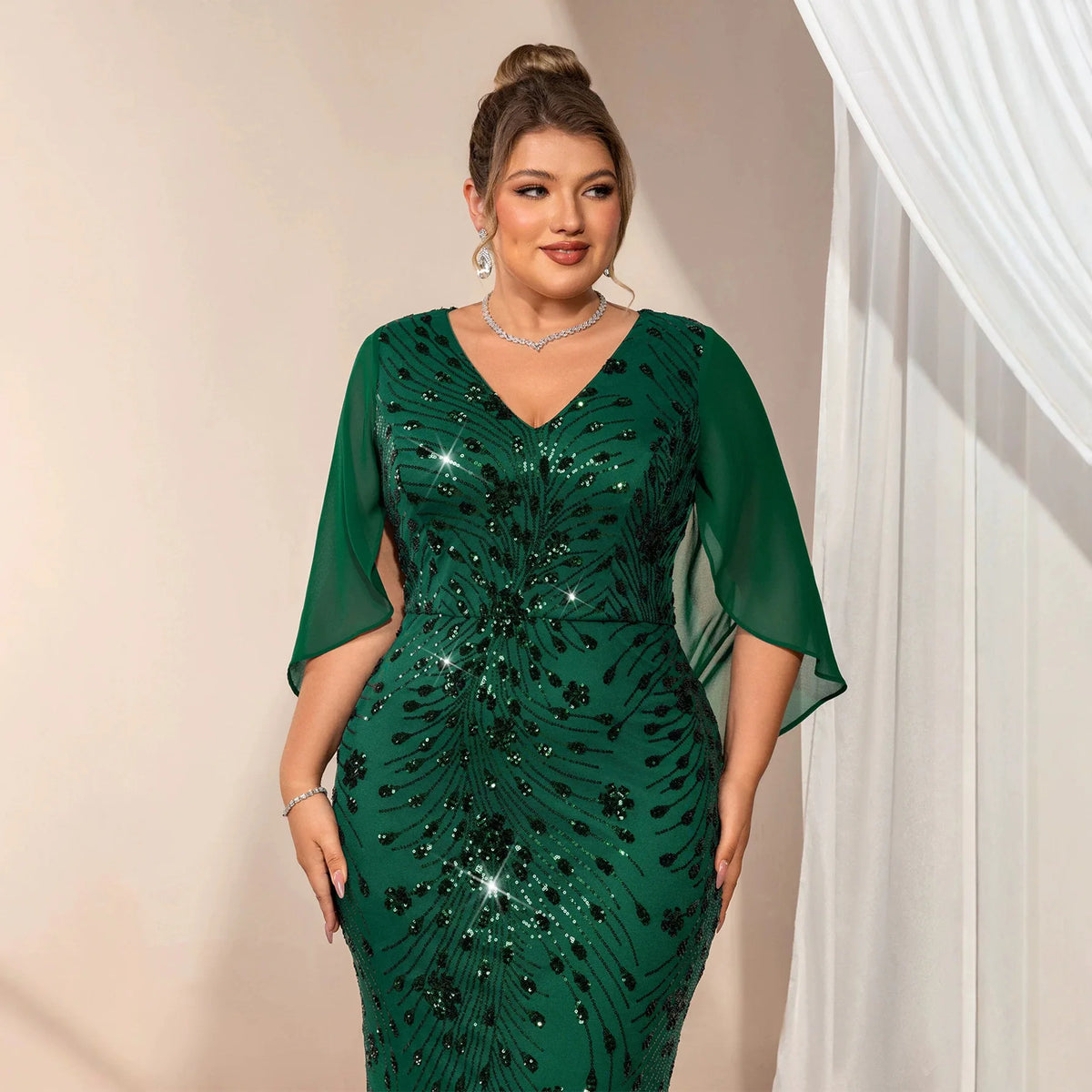 FZ Women's Plus Size Chiffon Sleeve Mermaid Sequins Evening Dress