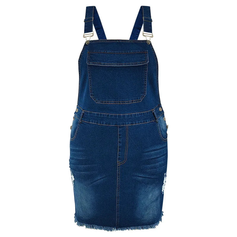 FZ Women's Plus Size Streetwear Ripped Raw Hem Overall Denim Dress