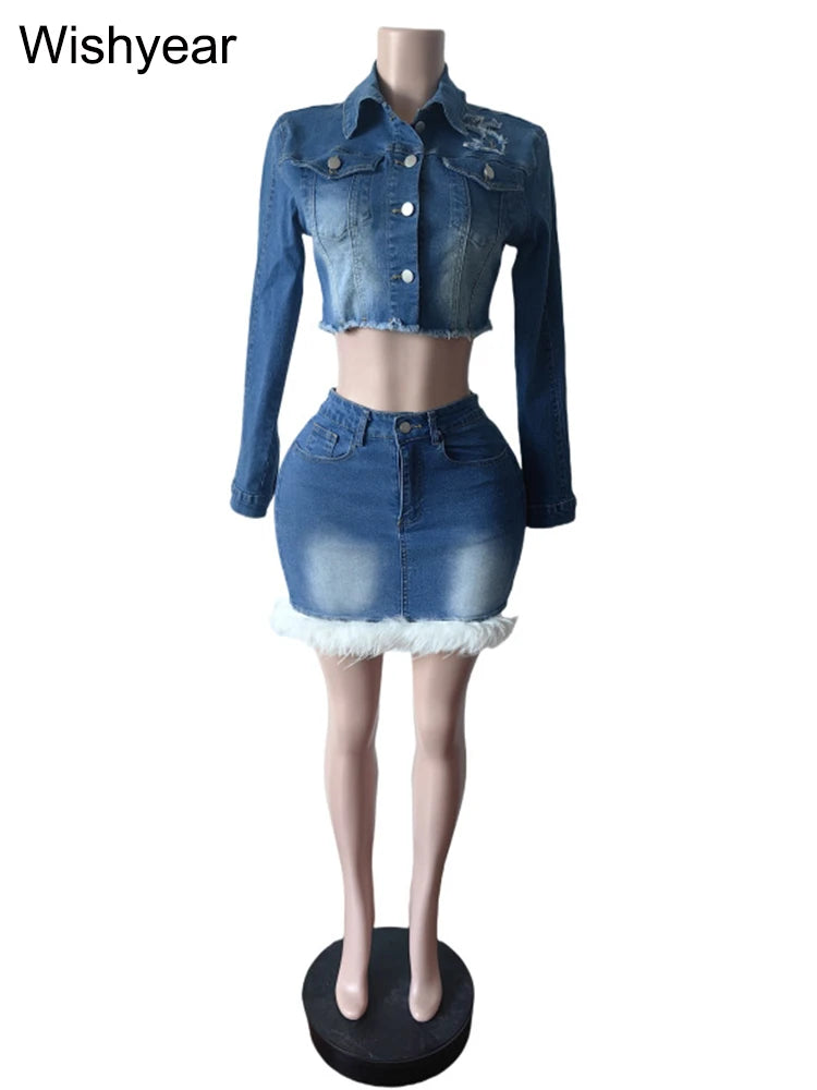 FZ Women's Stretch Feather Patchwork 2 Piece Denim Skirt Suit