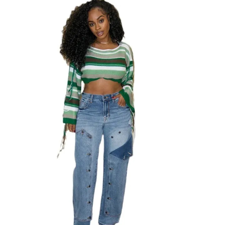 FZ Women's Splice High Waist Streetwear Loose Denim Pants