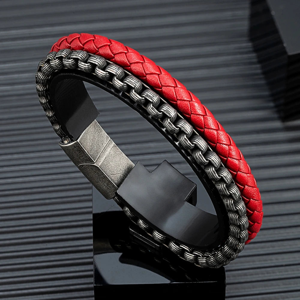FZ Punk Rock Chain Stainless Steel Magnet Button Leather Bracelet