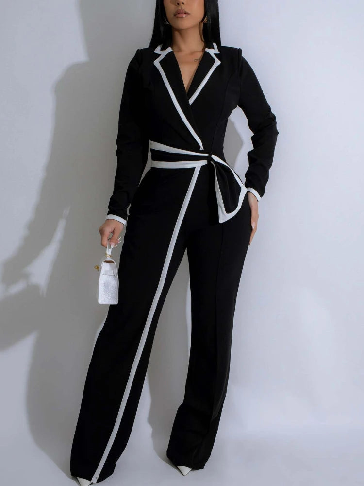 FZ Women's V Neck Turn Down Collar Long Sleeves Straight Jumpsuit