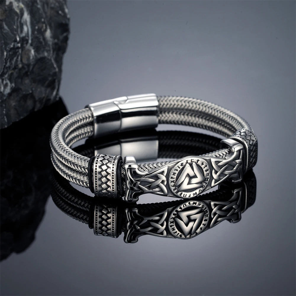 FZ Men's Stainless Steel Norse Runes Double-Layer Wire Rope Bracelet