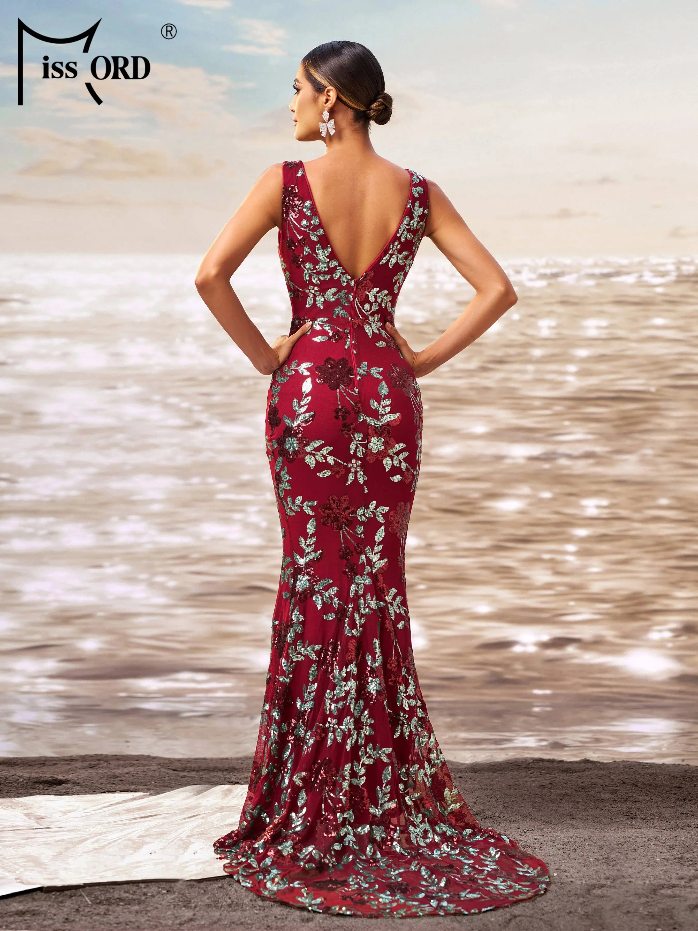 FZ Women's V Neck Sequin Mermaid Cocktail Floor Length Evening Dress
