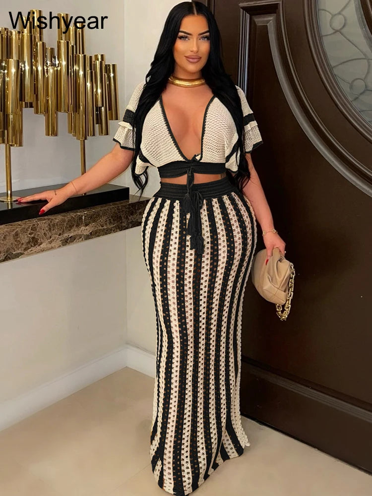 FZ Women's Elegant Knitted Crochet Swimsuit Black Stripe Two 2 Pieces Suit