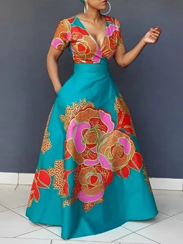 FZ Women's Deep V-neck Short Sleeves High Waist Floral Printed Maxi Dress