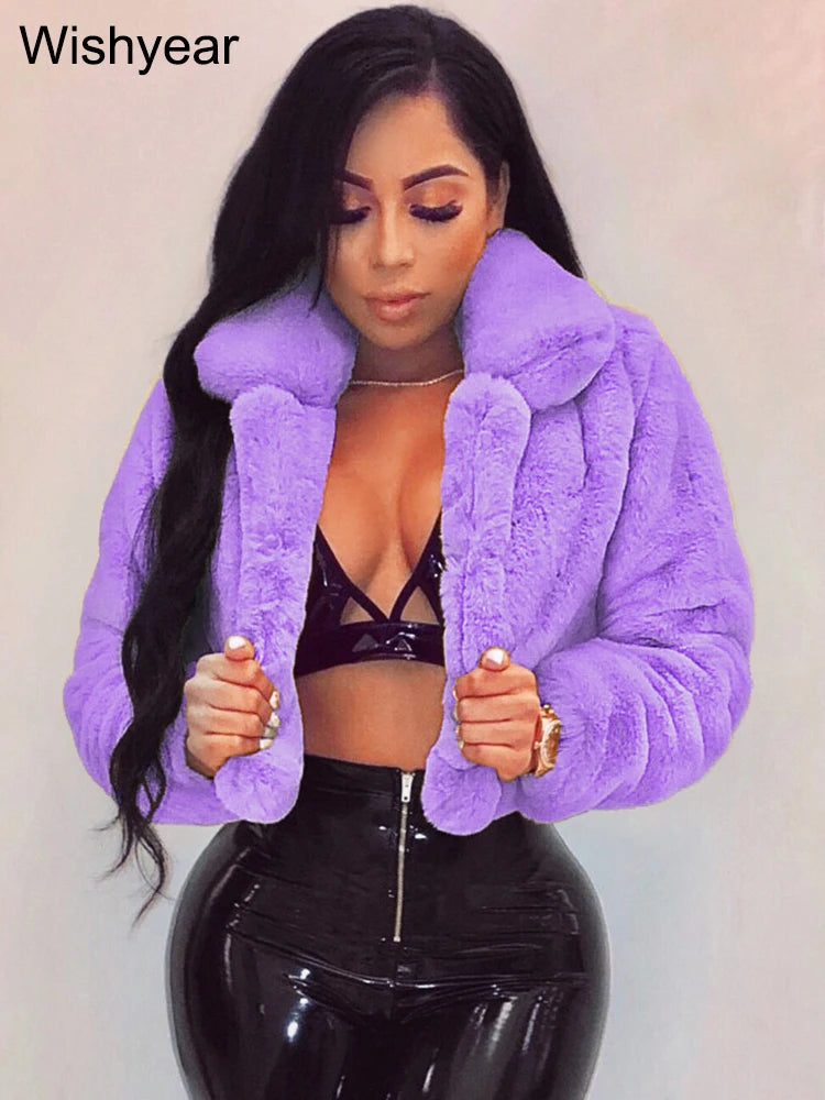 FZ Women's Faux Fur Open Stitch Lapel Crop Winter Fluffy Jacket