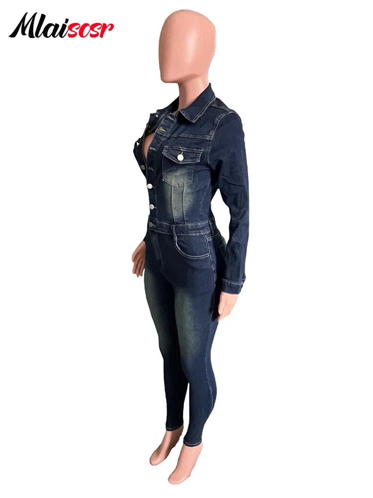 FZ Women's One Piece Turn Down Collar Pencil Foot Denim Jumpsuit