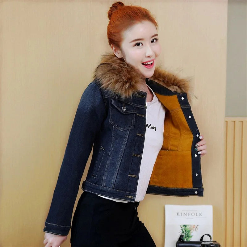 FZ Women's Big Fur Collar Short Coat Thicken Velvet Liner Fleece Denim Jacket