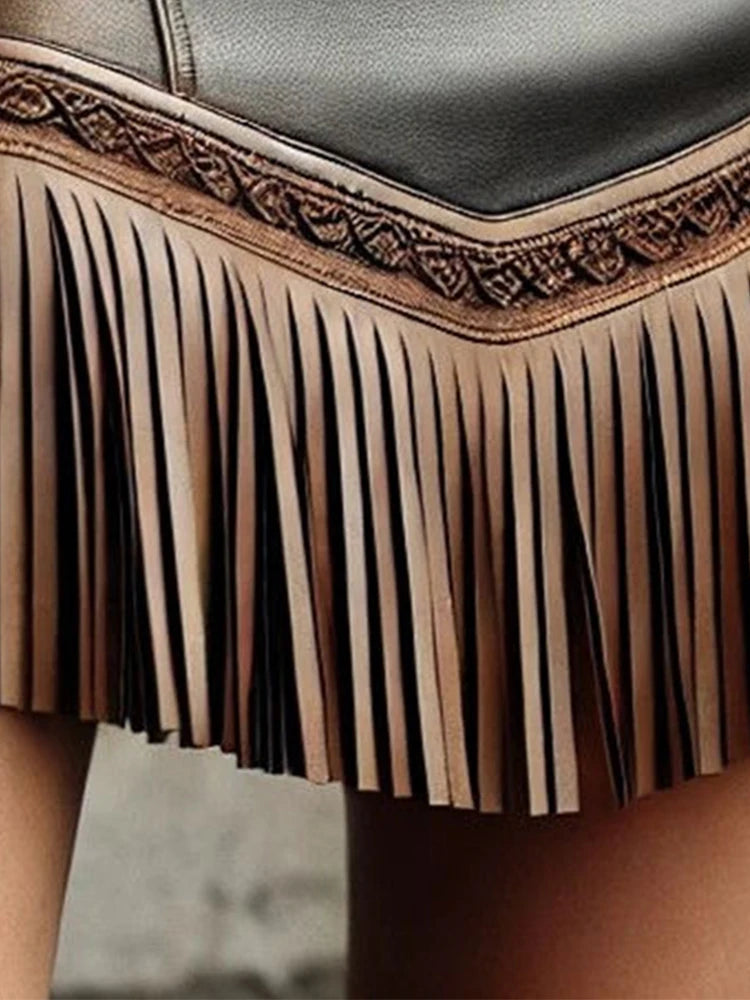 FZ Women's Fringe Hem High Waist Vintage Asymmetric PU Leather Skirt