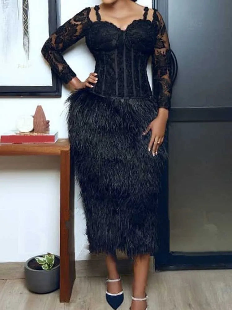 FZ Women's Long Lace Sleeves Strapless with Tassels Dress