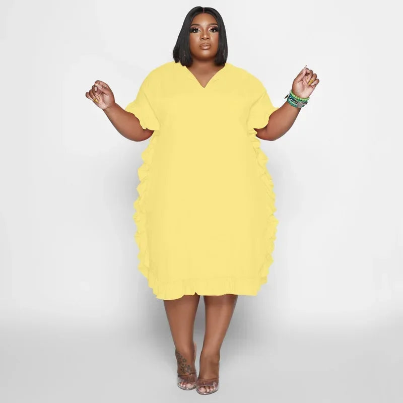 FZ Women's Plus Size Side Ruffles Short Sleeve Midi Streetwear Dress