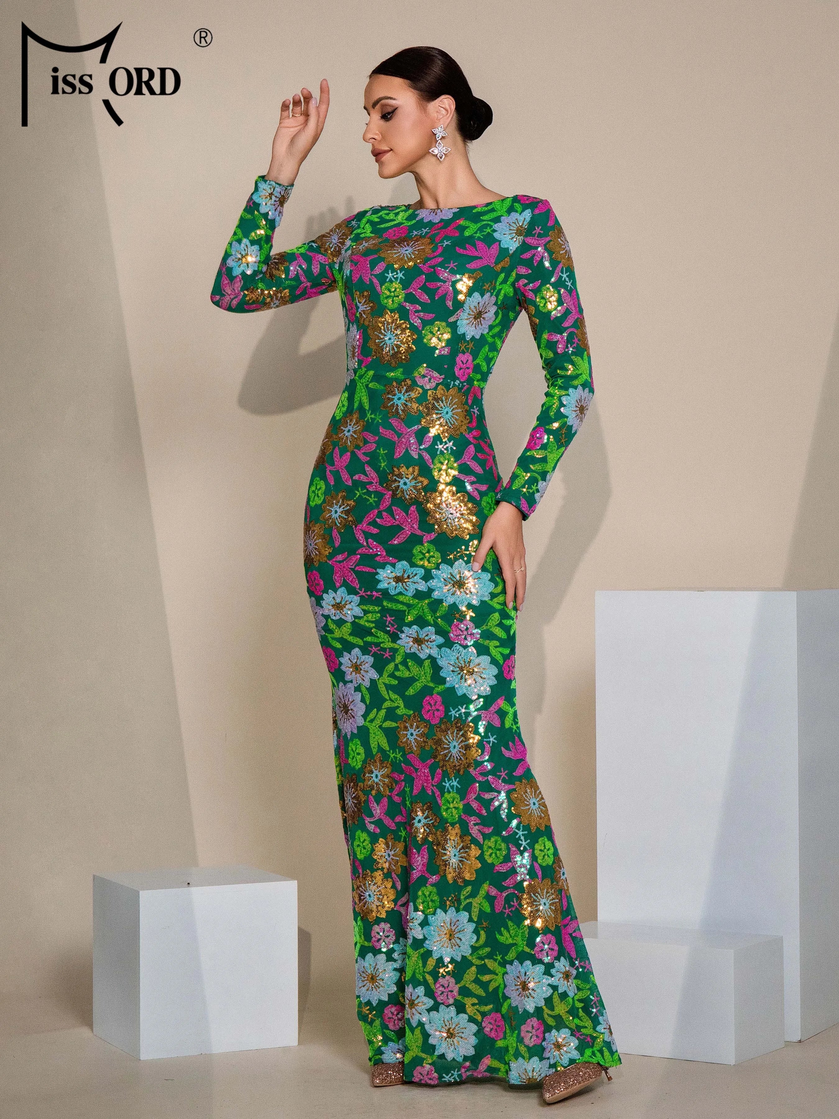 FZ Women's Round Neck Long Sleeved Sequin Mermaid Evening Dress