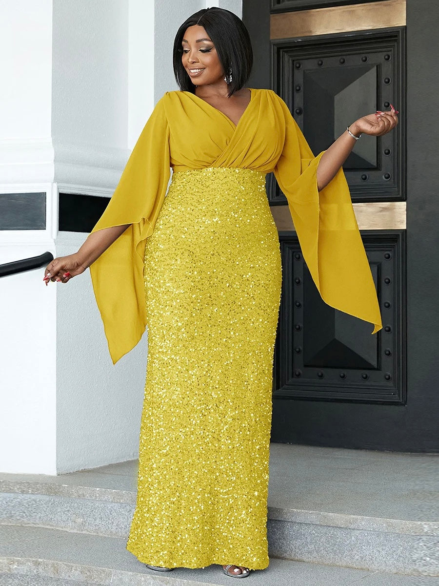 FZ Women's Plus Size V Neck Flare Sleeve Evening Dress