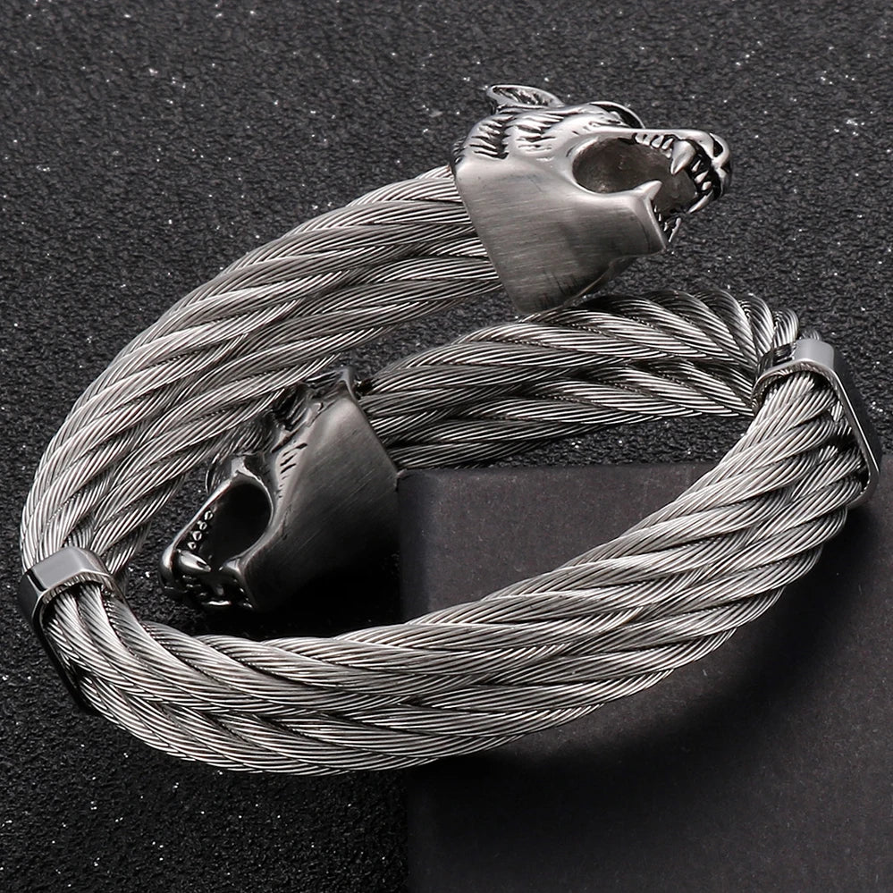 FZ Retro Elastic Wolf Head Open Cuff Twist Chain Stainless Steel Bracelet - FZwear