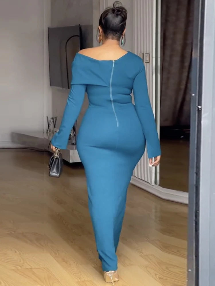 FZ Women's One Shoulder Long Sleeve Front Button Detail Maxi Evening Dress