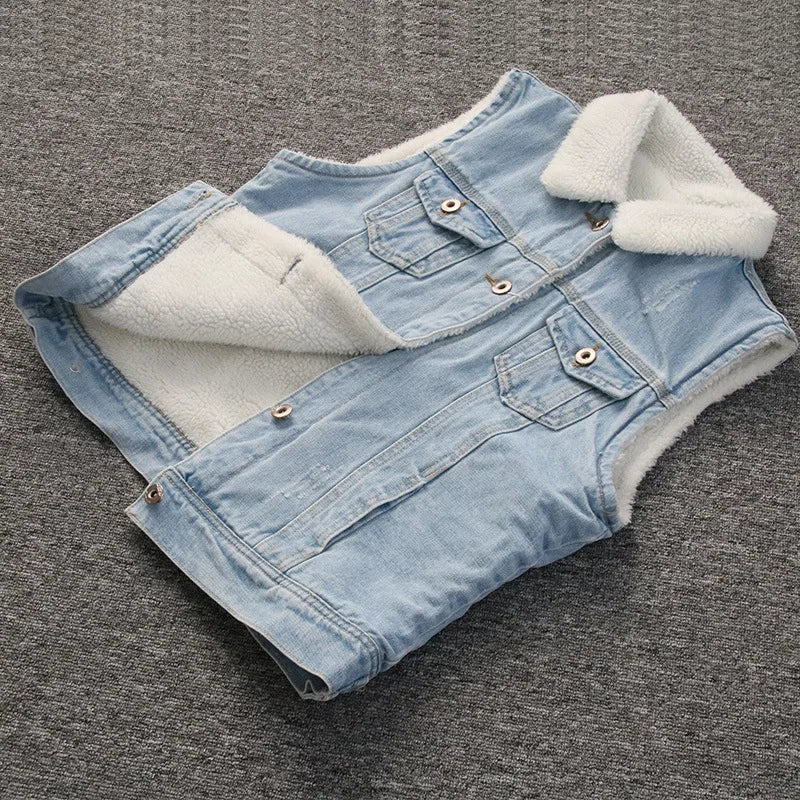 FZ Women's Slim Fit Lamb Fur Thickened Sleeveless Denim Jacket