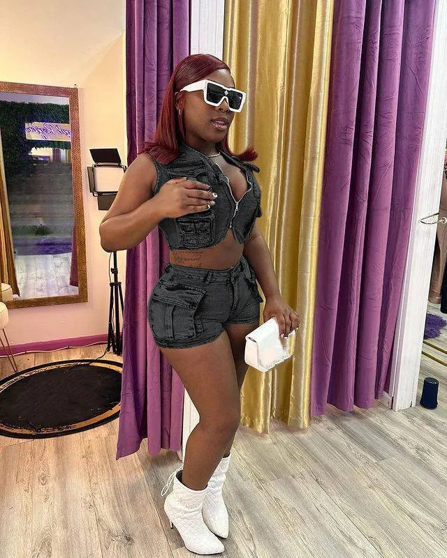 FZ Women's Stretch Sexy Tight Streetwear 2 Piece Denim Shorts Suit - FZwear