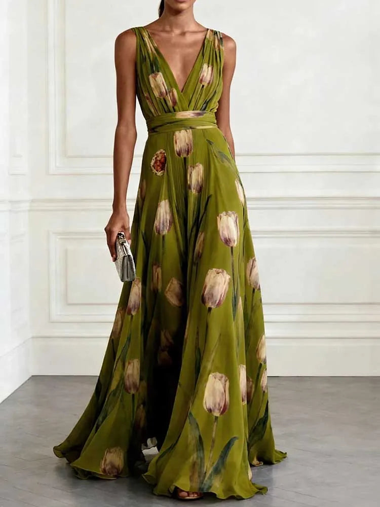 FZ Women's Chic Deep V-neck Sleeveless Floral Sundress