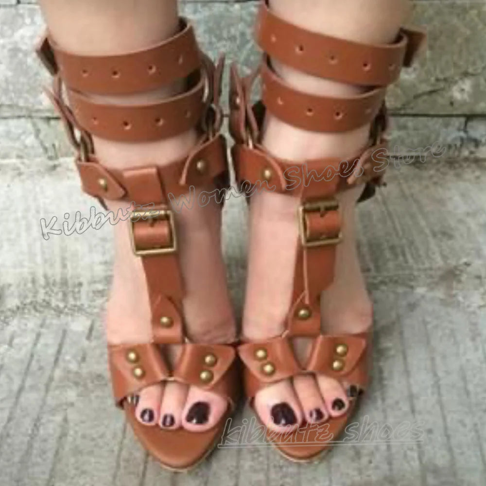 FZ Women's Rivets Belt Leather Solid Color Round Toe Thin Heels Shoes