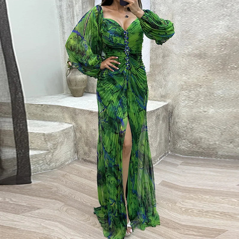 FZ Women's V Neck Full Sleeve Patchwork Folds Slim Maxi Dress