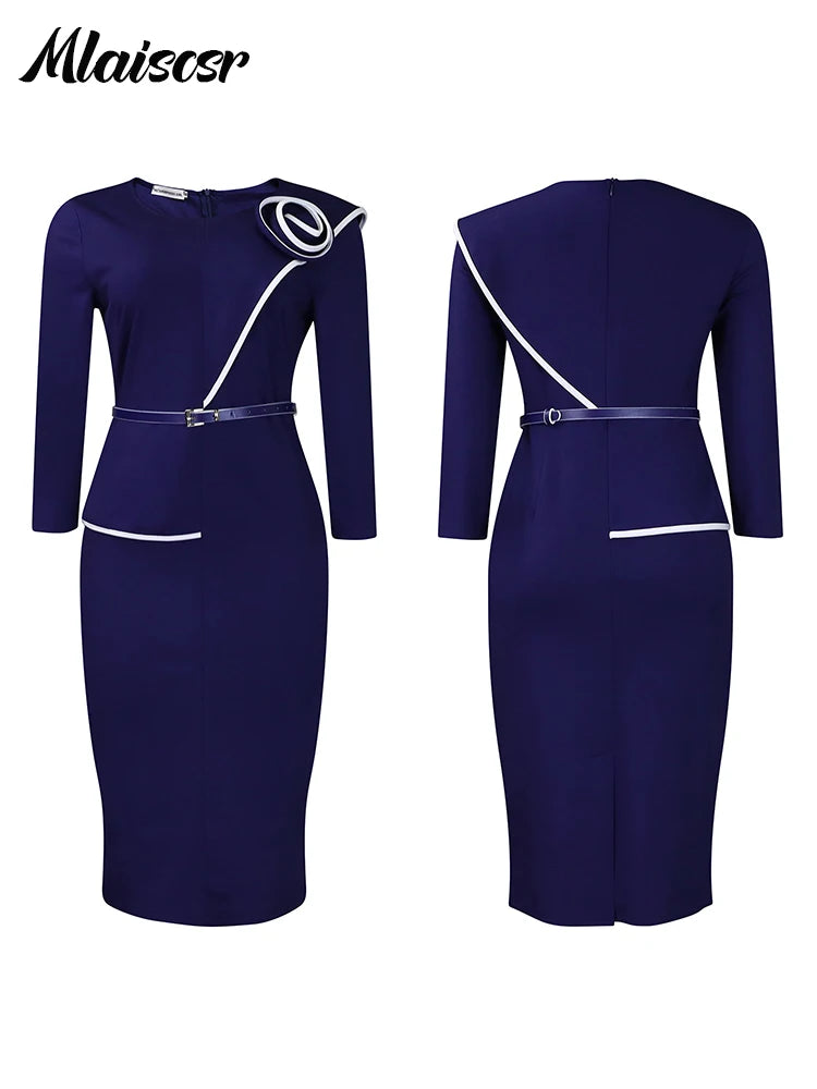 FZ Women's 3D Flowers 3/4 Sleeve O-neck Mid Evening Dress