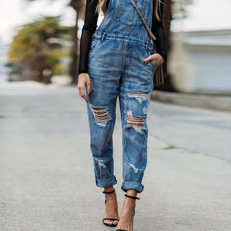 FZ Women's Ripped Washed Street Straight Casual Loose Jumpsuits - FZwear