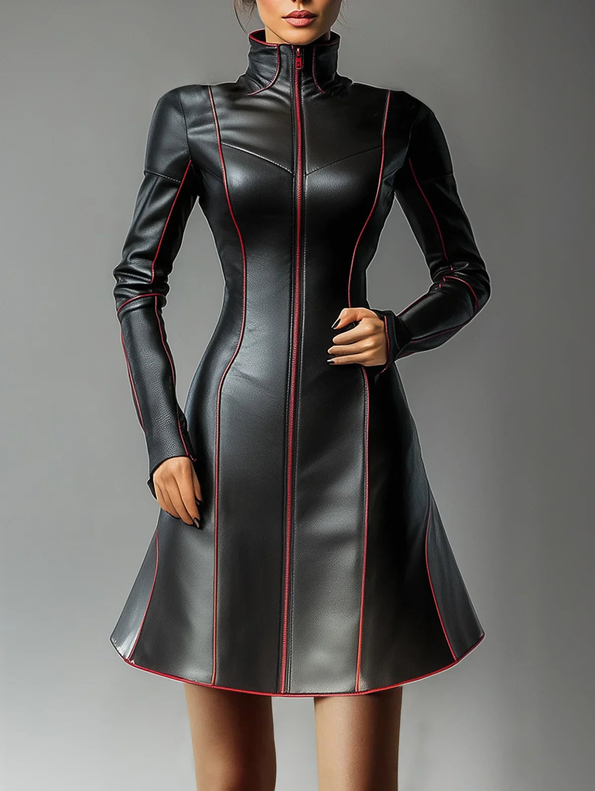 FZ Women's Pleated A-Line Vintage Casual High Street PU Leather Dress