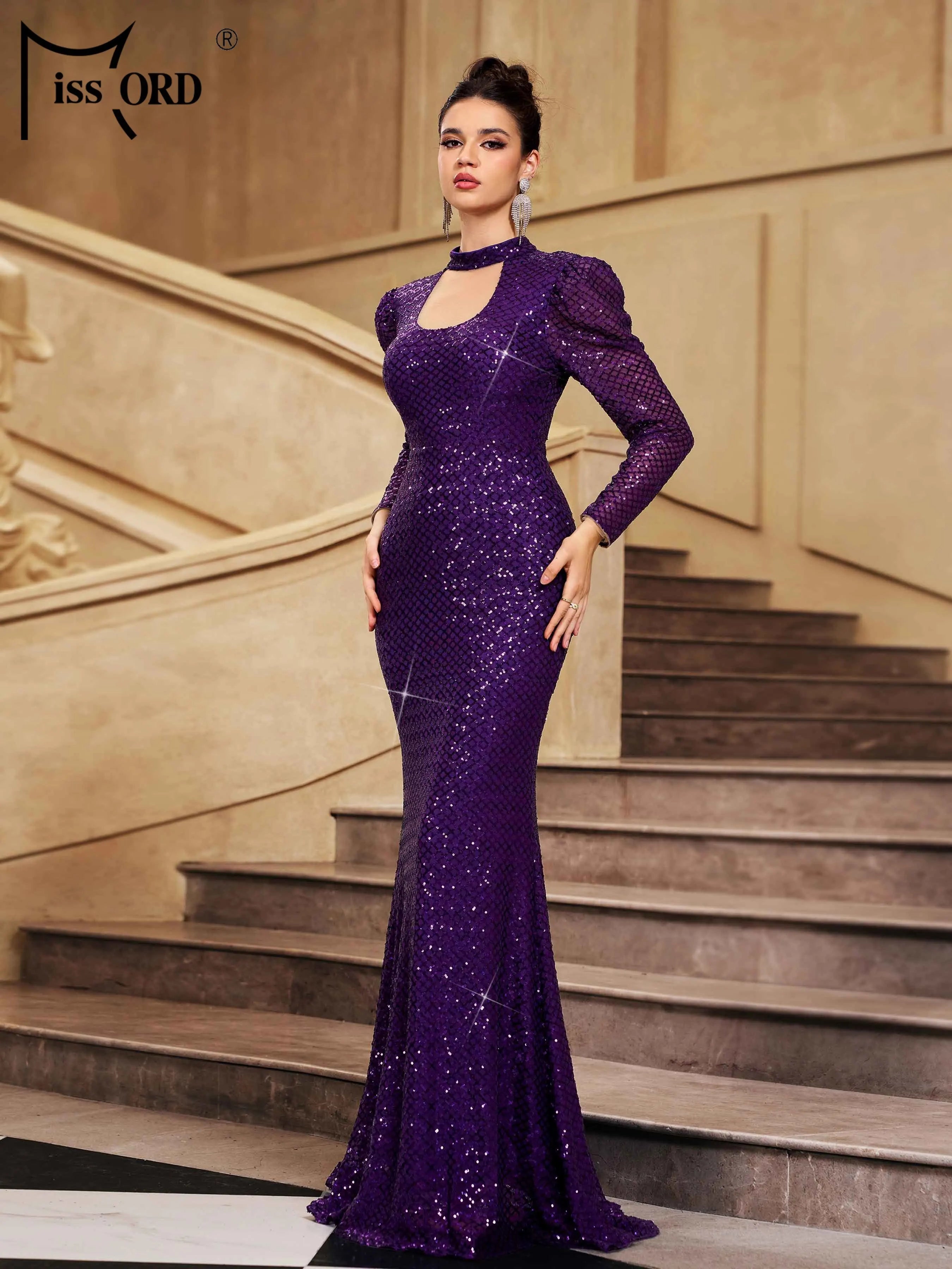 FZ Women's New Round Neck Long Sleeved Sequin Mermaid Evening Dress