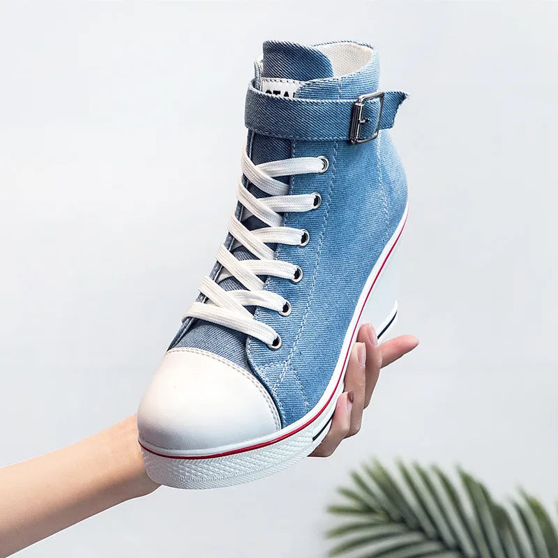FZ Women's High Top Canvas Denim Ankle Lace Wedge Shoes