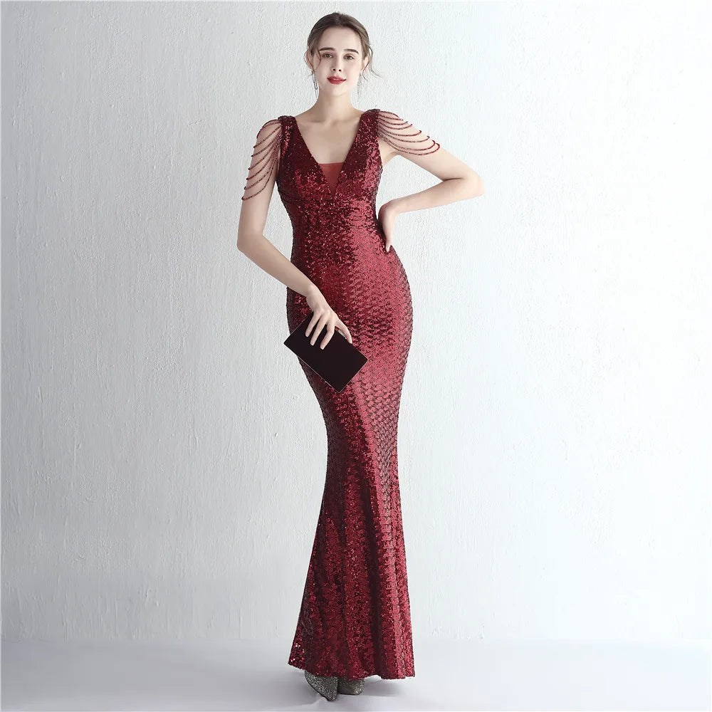 FZ Women's V Neck Sequin Maxi Beading Evening Dress