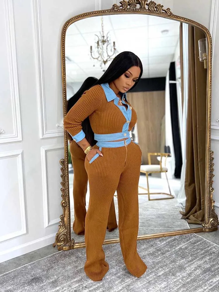 FZ Women's Long Sleeve Polo Cotton Ribbed 2 Piece Pants Suit