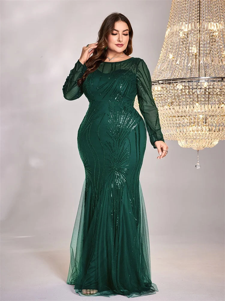 FZ Women's Plus Size Long Sleeves Sequins Mermaid Maxi Evening Dress