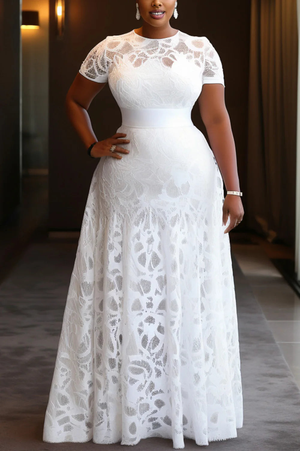 FZ Women's Plus Size Round Neck Short Sleeve Lace Maxi Dress