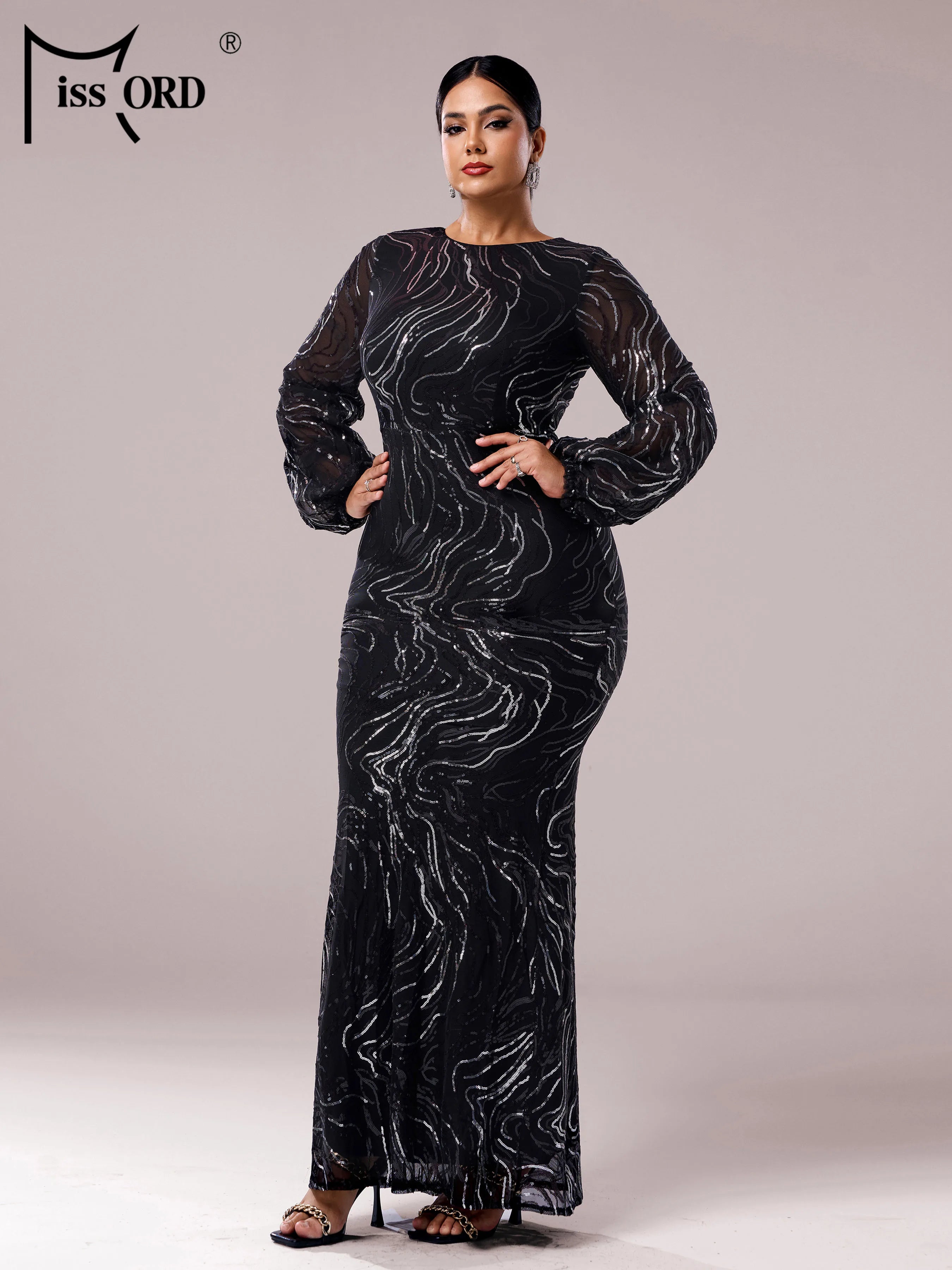 FZ Women's Plus Size Church Lantern Sleeves Round Neck Mermaid Evening Dress