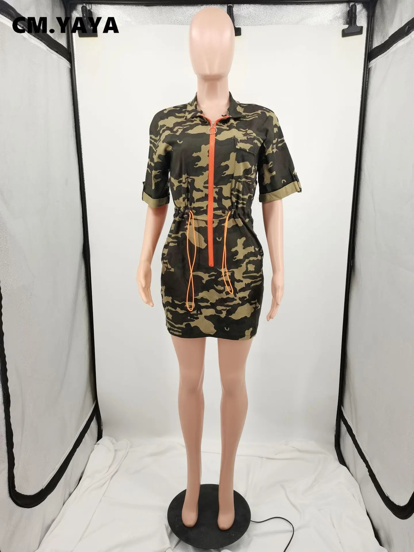 FZ Women's Camouflage Zipper Sly Short Sleeve Safari Style Denim Dress DSers