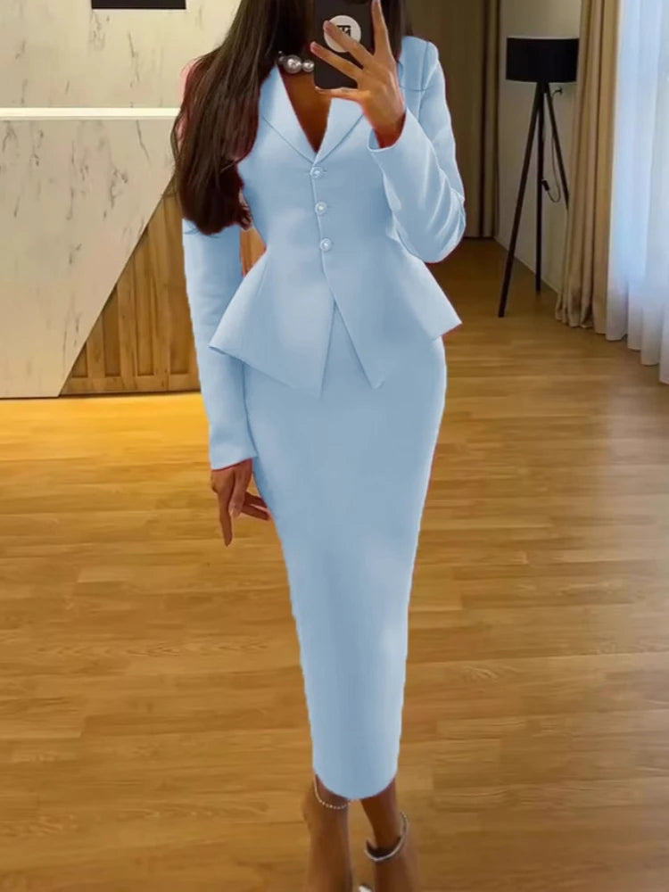 FZ Women's Fitted Button Detail 2 Piece Skirt Suit