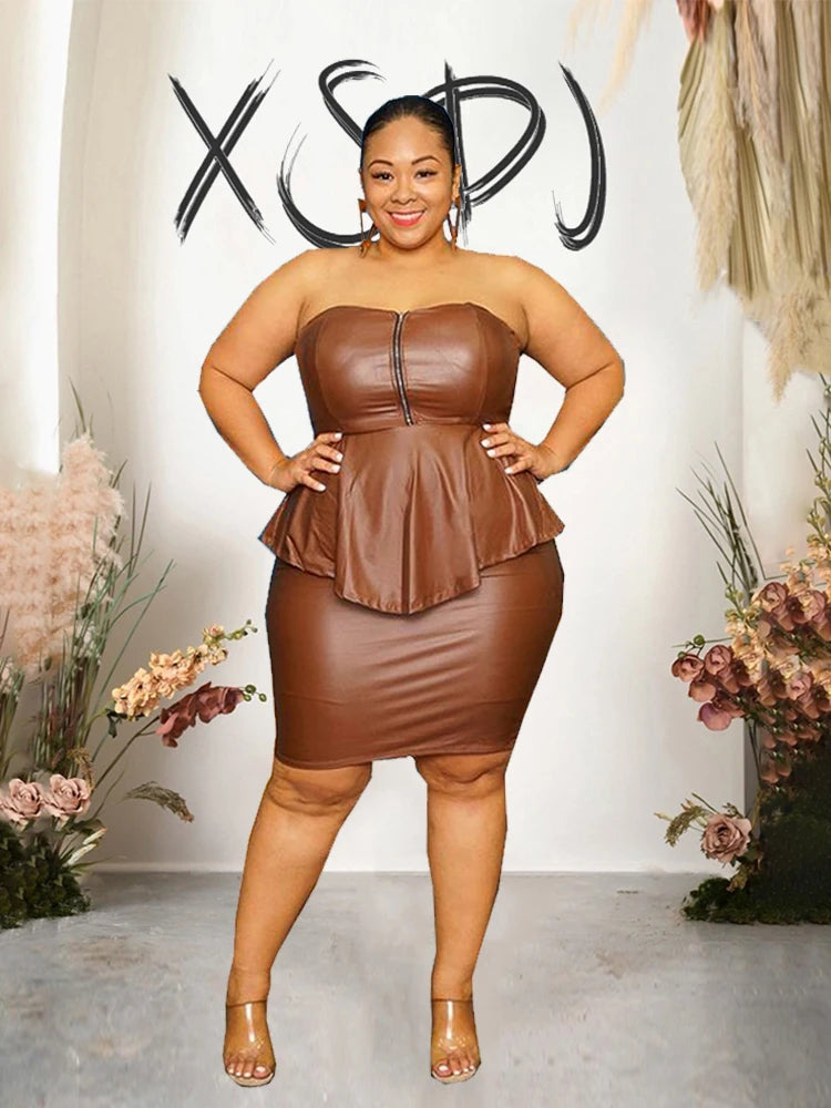 FZ Women's Plus Size Leather Pu Strapless 2 Pieces Skirt Suit