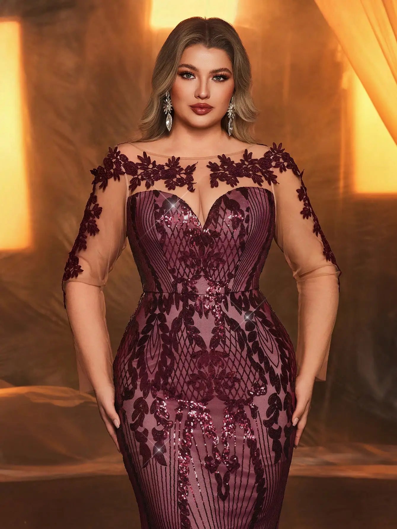 FZ Women's Plus Size Mermaid Sequin Embroidery Floor Length Evening Dress