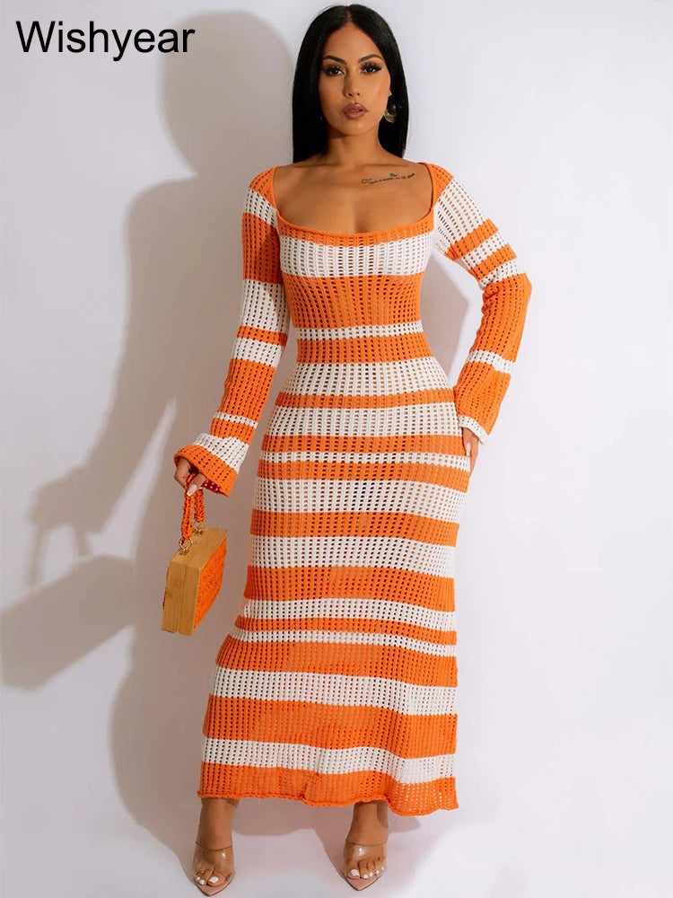 FZ Women's Sexy Elegant Striped Knitted Maxi Sun Dress - FZwear
